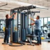 A professional fitness equipment assembly scene showing technicians installing a multi-station gym machine in a commercial gym setting, with tools, parts, and safety gear visible, clean indoor environment, natural lighting, focus on precision and expertise
