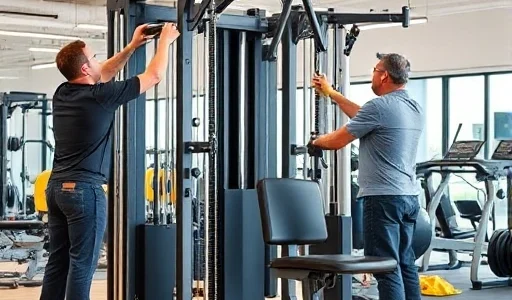 A professional fitness equipment assembly scene showing technicians installing a multi-station gym machine in a commercial gym setting, with tools, parts, and safety gear visible, clean indoor environment, natural lighting, focus on precision and expertise