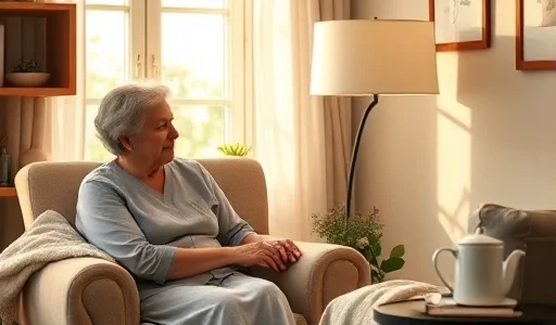 A compassionate home caregiver assisting an elderly person in a cozy living room, helping them sit comfortably in an armchair, with warm natural light from a window, soft blankets, and a small table with tea and medication nearby, peaceful and respectful atmosphere