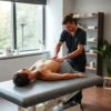 A professional osteopath in a modern clinic, gently performing manual therapy on a patient lying on a treatment table, focusing on spinal alignment and soft tissue manipulation, calm and therapeutic atmosphere, soft natural lighting, medical accuracy, no text or symbols visible