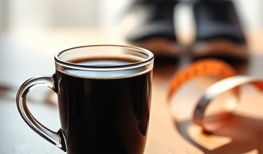 A close-up of a steaming cup of black coffee on a wooden table, with a subtle gradient of light suggesting morning sunlight. In the background, faint silhouettes of a measuring tape and a pair of running shoes are blurred, symbolizing weight loss and fitness. No text, numbers, or labels appear in the image. The style is smallHQ: highly detailed, realistic, with soft natural lighting and minimalistic composition.