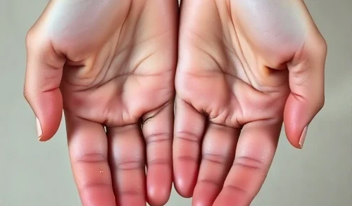 A close-up of hands with visible sweat droplets on the palms, showing mild discomfort, on a neutral background, soft natural lighting, realistic skin texture, no accessories or jewelry