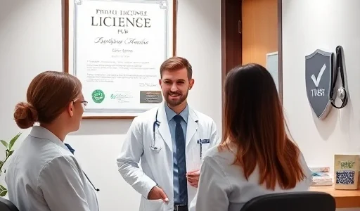 A professional medical setting showing a private clinic with a visible license certificate displayed on the wall, a doctor in a white coat consulting with a patient, and subtle symbols of trust such as a shield with a checkmark and a stethoscope nearby, all in a clean, modern, and reassuring atmosphere
