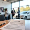 A modern car rental office with a contract on the table showing 'Rent-to-Own' terms, a customer shaking hands with an agent, and a car parked outside under soft daylight, realistic style, no text or letters visible