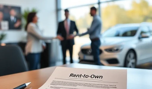 A modern car rental office with a contract on the table showing 'Rent-to-Own' terms, a customer shaking hands with an agent, and a car parked outside under soft daylight, realistic style, no text or letters visible
