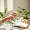 A calm, supportive scene showing a person gently holding a glass of water instead of alcohol, surrounded by nature elements like green plants and soft sunlight, symbolizing healthy choices and inner peace, with subtle visual cues of progress like a small journal with checkmarks and a meditation cushion nearby, all in a serene, minimalist style that conveys reduction of alcohol consumption without stress or relapse
