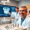 A modern dental clinic interior showing a patient smiling confidently with a full set of natural-looking upper and lower teeth after All-on-4 implant procedure, a dentist in a white coat pointing to a digital 3D jaw model on a screen, surgical tools and implant components neatly arranged on a sterile tray, soft natural lighting, high detail, photorealistic