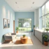 A modern, serene private psychiatric clinic interior with soft natural lighting, comfortable seating area, calming color palette of blues and greens, subtle artwork on walls, a reception desk with a friendly staff member, and a view of a peaceful garden through large windows, conveying safety, professionalism, and compassion