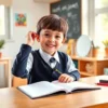 A cheerful 4th-grade child preparing for a graduation album photoshoot, wearing a neat school uniform or festive outfit, sitting at a desk with open notebook, pencil, and a small mirror adjusting hair, soft natural light from a window, warm and encouraging atmosphere, subtle school-themed decorations in the background like a chalkboard with doodles or a shelf with books, no text or letters visible