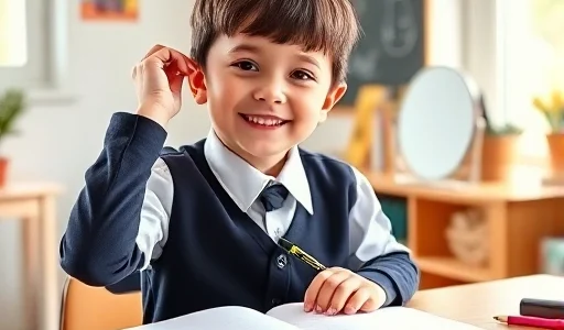 A cheerful 4th-grade child preparing for a graduation album photoshoot, wearing a neat school uniform or festive outfit, sitting at a desk with open notebook, pencil, and a small mirror adjusting hair, soft natural light from a window, warm and encouraging atmosphere, subtle school-themed decorations in the background like a chalkboard with doodles or a shelf with books, no text or letters visible