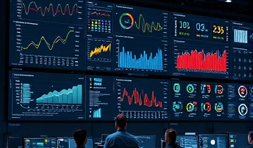 A professional IT monitoring dashboard displayed on multiple large screens in a modern enterprise operations center, showing real-time graphs, server status indicators, network traffic visualizations, and alert notifications in a clean, high-tech interface; subtle ambient lighting, ergonomic workstations, and technicians observing quietly in the background; ultra-detailed, high-resolution, smallHQ style