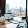 A professional office setting in Moscow with a modern desk, laptop displaying financial charts, a coffee cup, and a city skyline visible through a large window, symbolizing the selection of a ready-made company with turnover in Moscow
